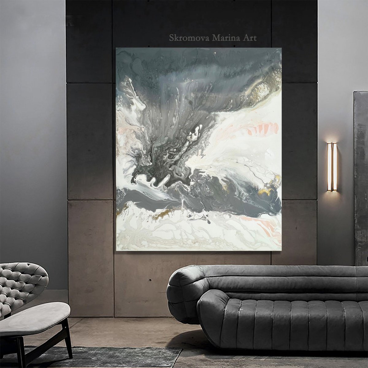 110x90cm. / abstract painting / Abstract black white gold. Light and darkness. Tornado by Marina Skromova