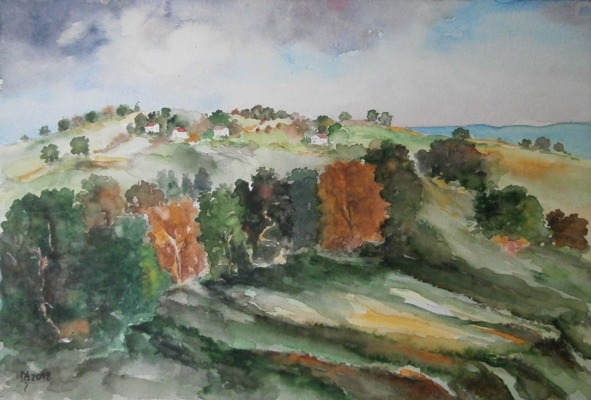 Impressionistic Watercolour , Hilly Landscape By Zoran Mihajlovic Muza, 16 X 11, Artwork For Sale On Artfinder