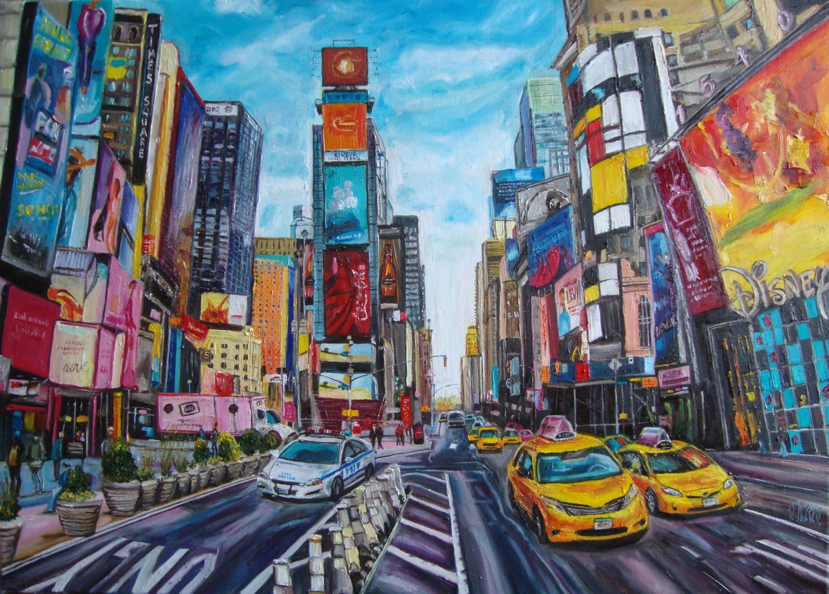 Photorealistic Cityscapes Oil Painting By Olga Knezevic, 28 X 20", New York, Times Square, Original Artwork