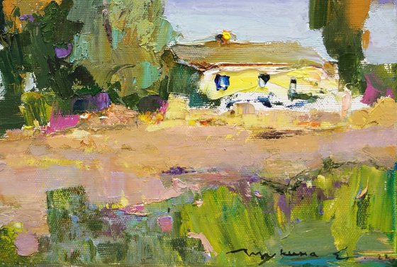 Ukrainian tune . Little House and sun. Moments of summer . Original oil painting