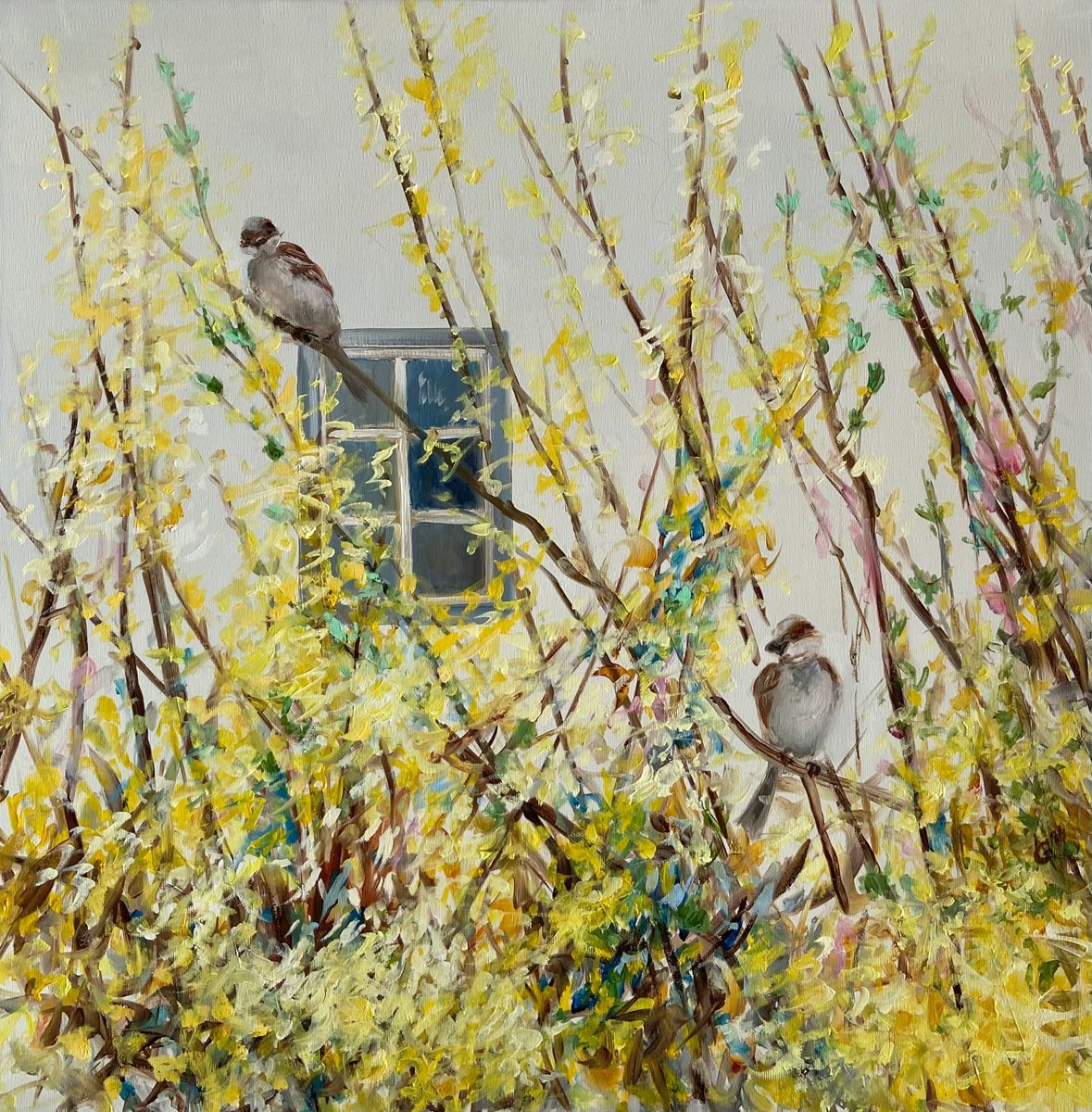 Impressionistic Animal Oil Painting By Junija (Yuna) Galejeva, 24 X 24", In Spring With Love, Original Artwork