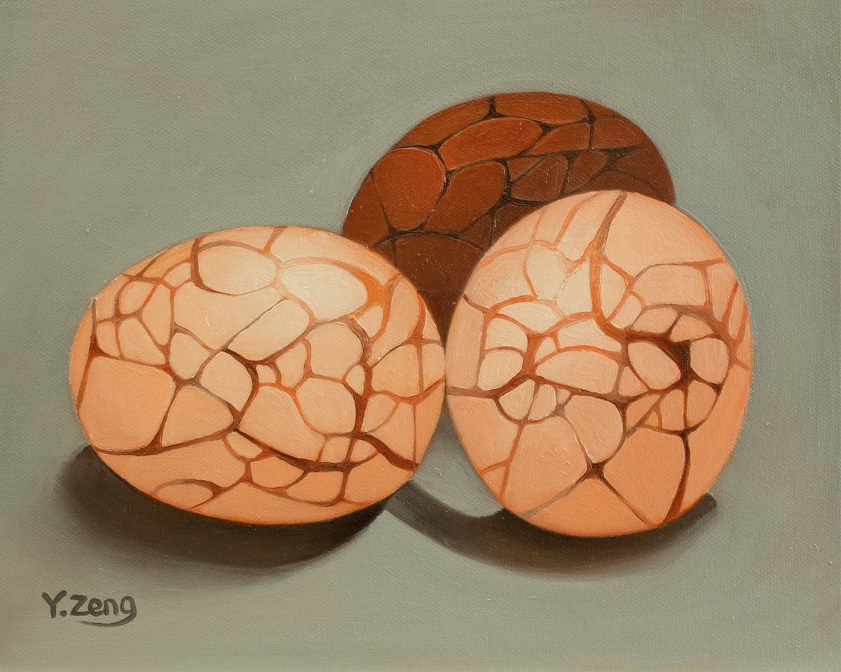 Photorealistic Still Life Oil Painting By Yue Zeng, 10 X 8", Three Tea Eggs, Original Artwork