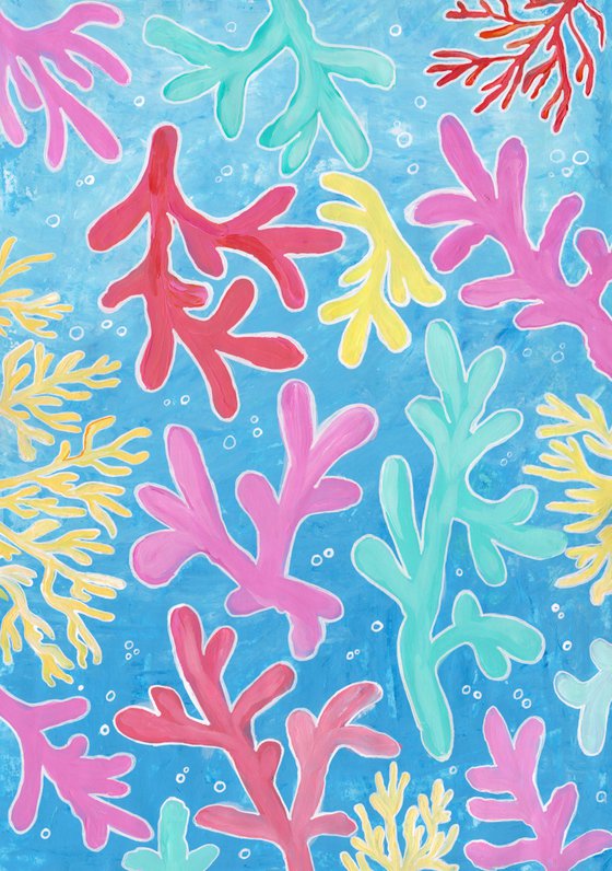 "Happy corals 3" acrylic painting on paper, wall art, interior art,  interior design, gift, dream.