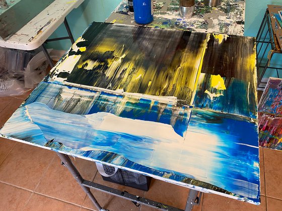 "Cold Front" - Save As A Series - Original PMS Abstract Acrylic Painting Diptych On Recycled Wooden Desk Panels - 54" x 26"