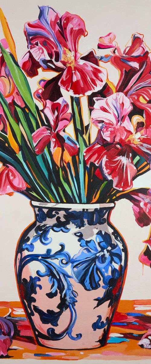 Irises in a porcelain vase by Kosta Morr