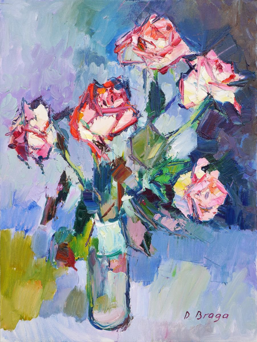 Expressive Still Life Oil Painting By Dima Braga, 18 X 24, Christmas Roses, Original Artwork