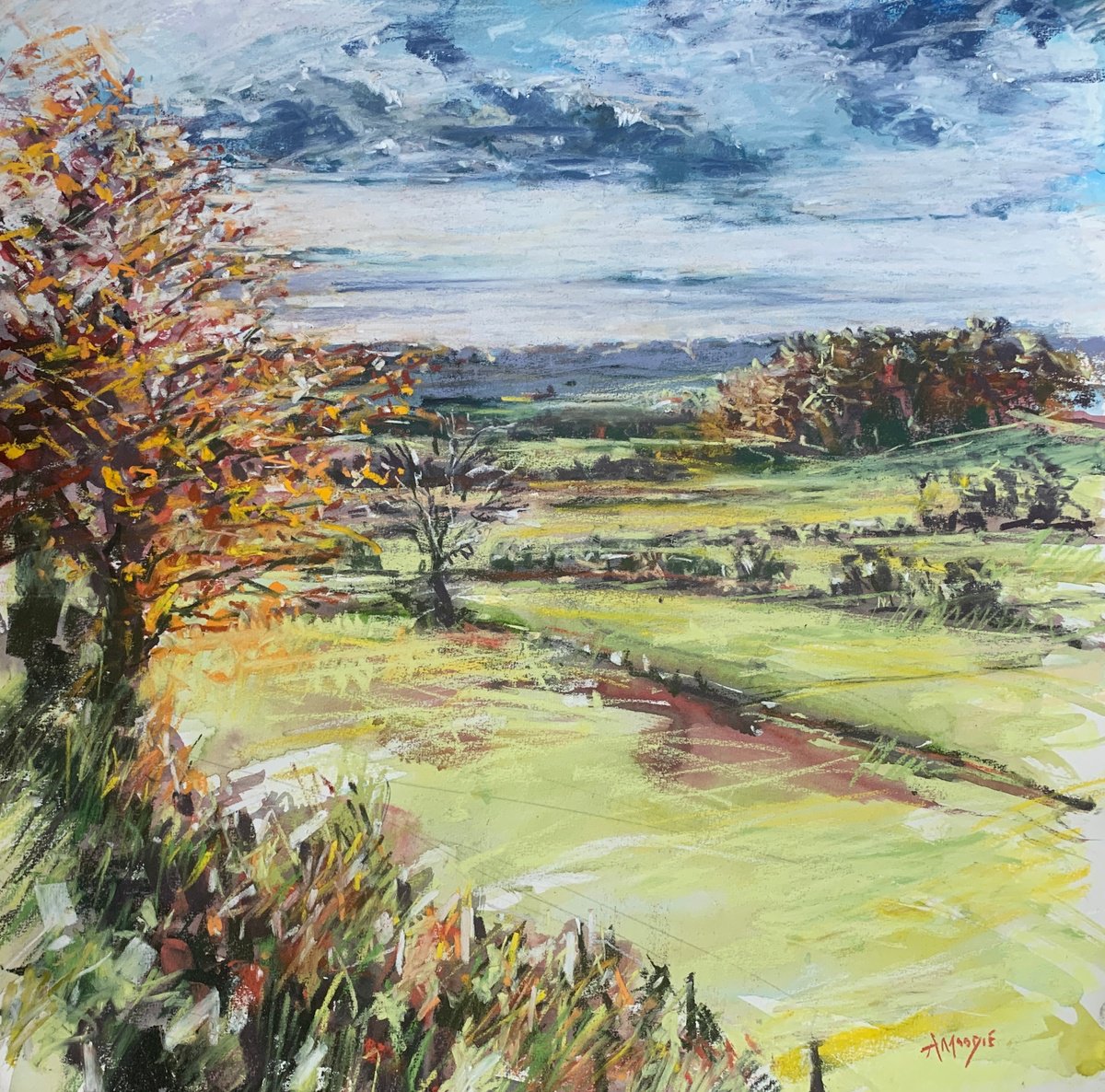 Impressionistic Landscape Drawing By Andrew Moodie, 16 X 16, Ribble View, Ribble Valley, Original Artwork
