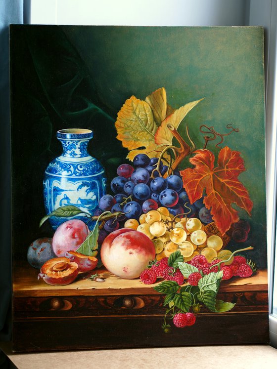 Still Life with Chinese Vase, Grapes, Peach and Raspberry