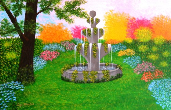 Make A Wish - large wild garden landscape; spring blossoms; wishing fountain; home, office decor; gift idea