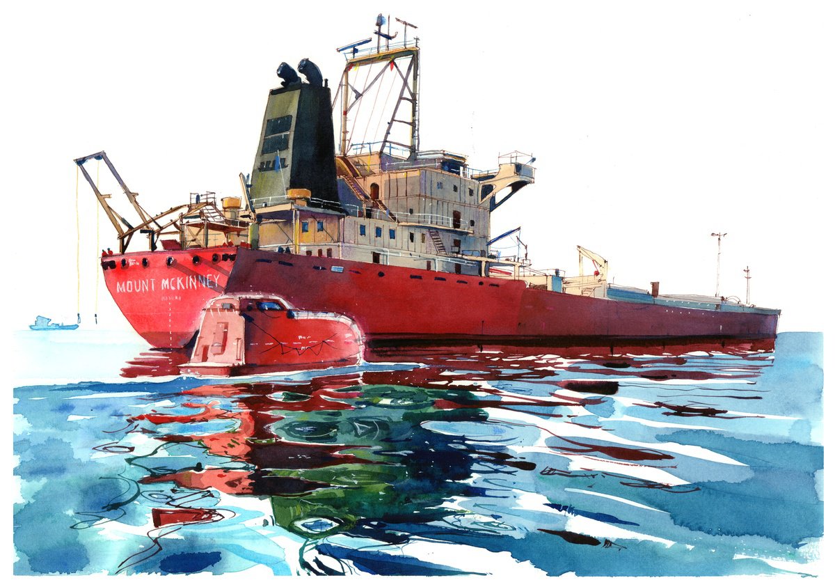 Impressionistic Landscape Watercolour By Anastasia Mamoshina, 17 X 12, Vibrant Red Cargo Ship, Original Artwork