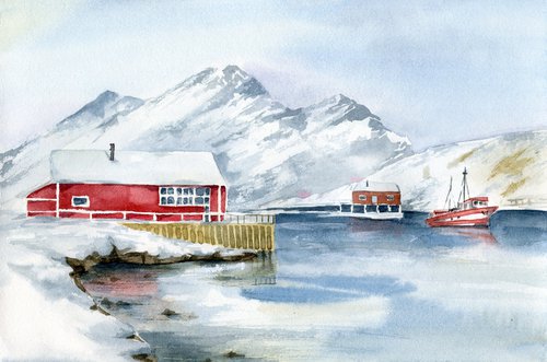 Scandinavian landscape with a red house by the sea. Original watercolor. by Evgeniya Mokeeva