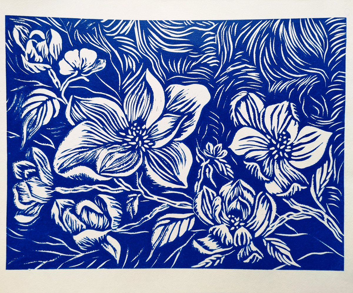 Illustrative Botanical Linocut By Aneta Gajos, 16 X 14, Magnolia, Original Artwork