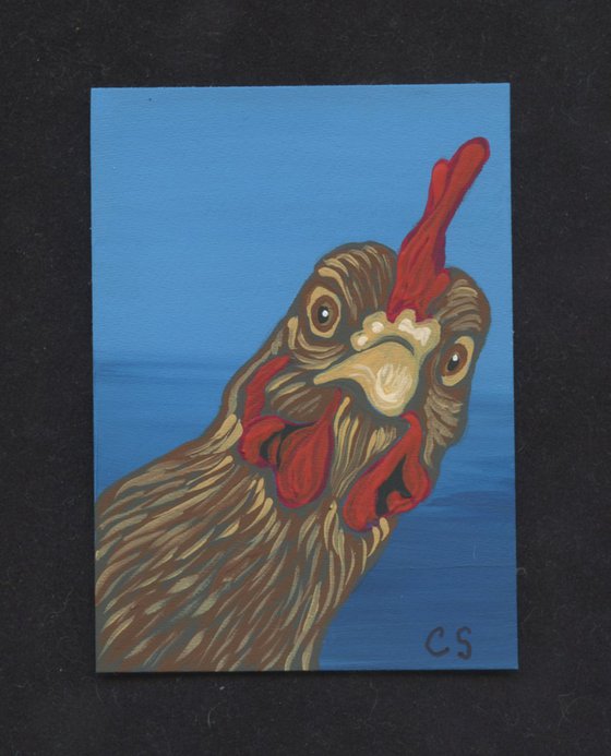 ACEO ATC Original Miniature Painting Brown Chicken Farmyard Art-Carla Smale