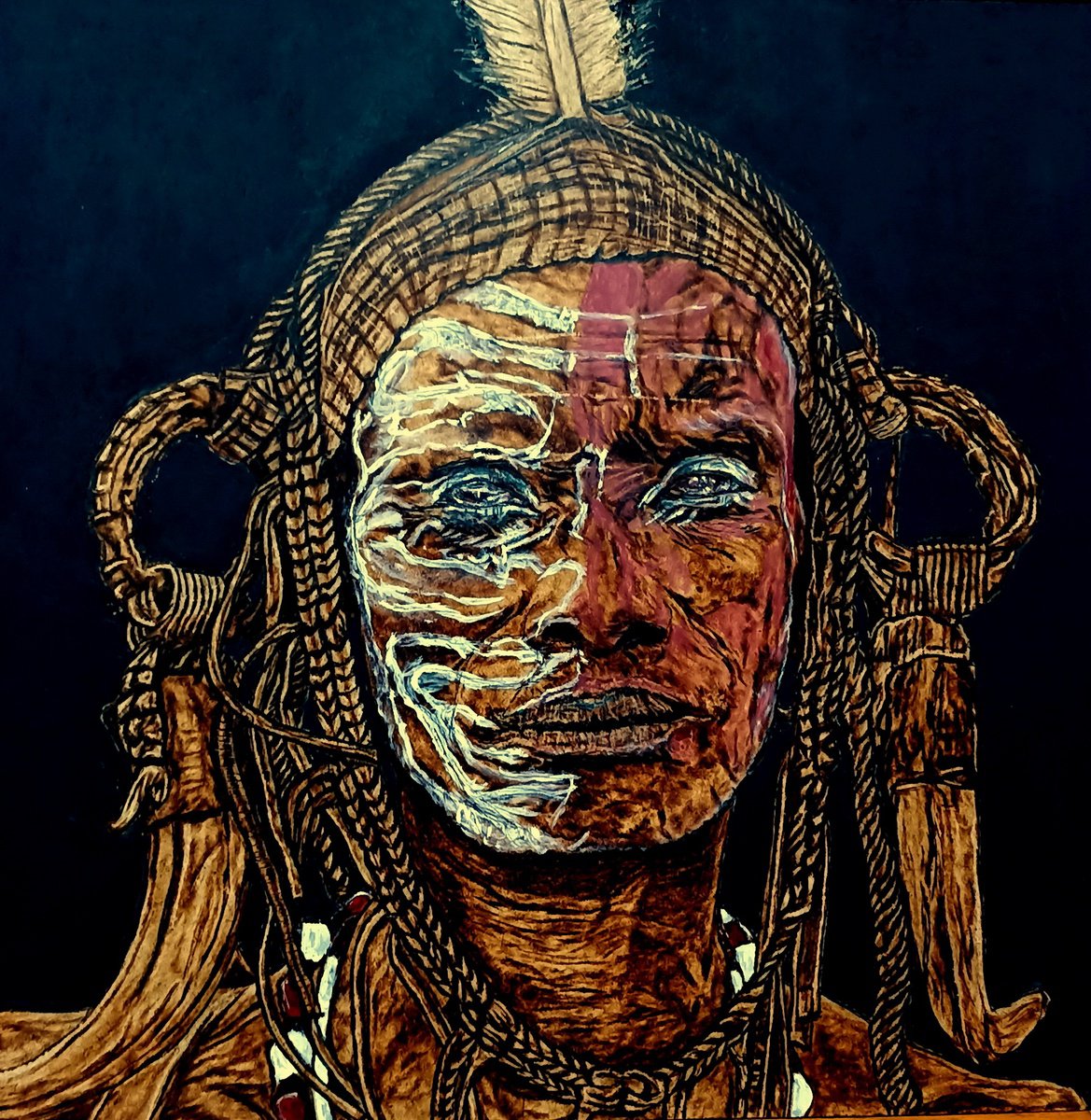 Expressive Portrait Painting By Milis Pyrography, 16 X 16", Mursi Warrior (Ethiopia), Original Artwork