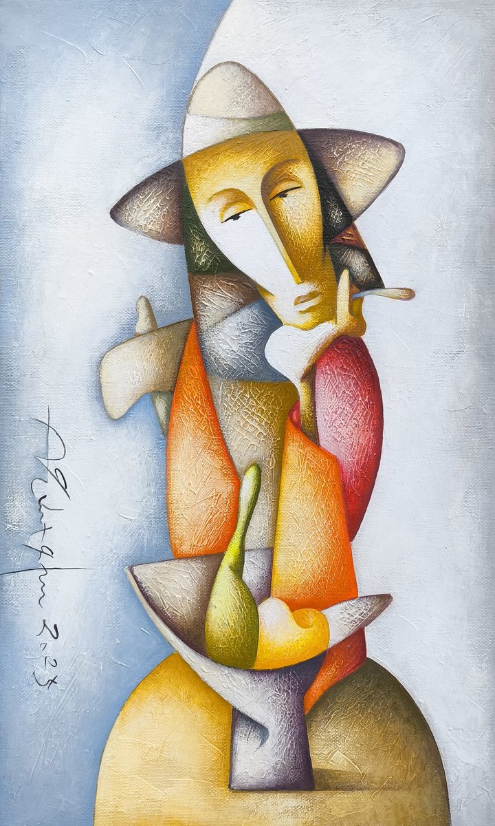 Naive Portrait Acrylic Painting By Sargis Zakarian, 12 X 20", Contemplation, Original Artwork