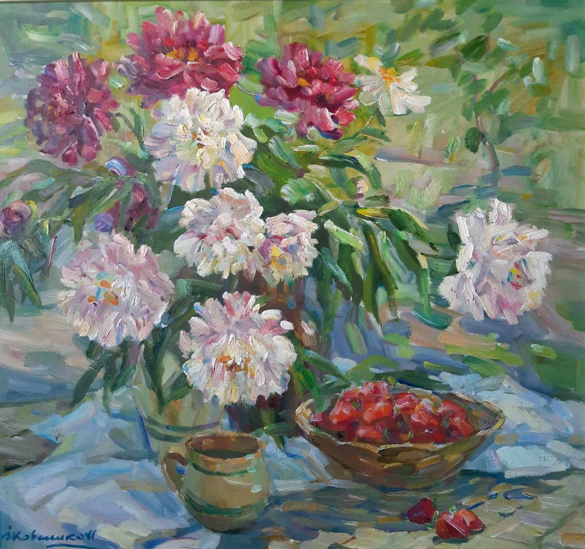 Impressionistic Still Life Oil Painting By Ivan Kovalenko, 28 X 26, Flowers, Original Artwork