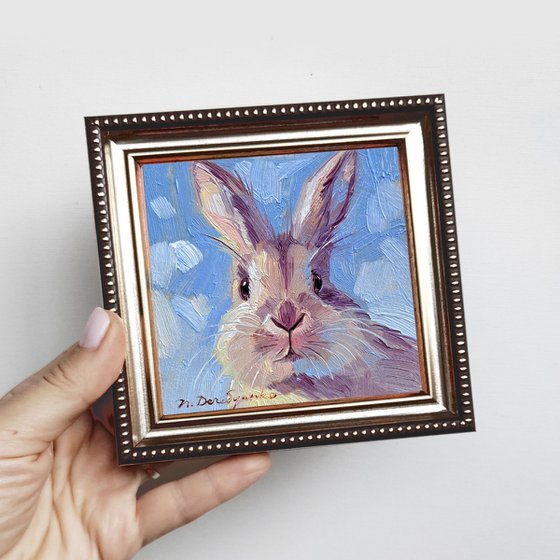Bunny painting original oil framed 4x4 - Tap into your magic