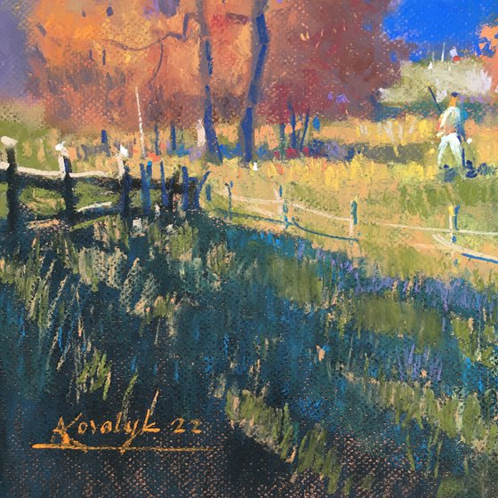 Ukrainian art Sunny Autumn day in Carpathian. Pastel on paper 19.6x19.6 inch (50x50 cm)