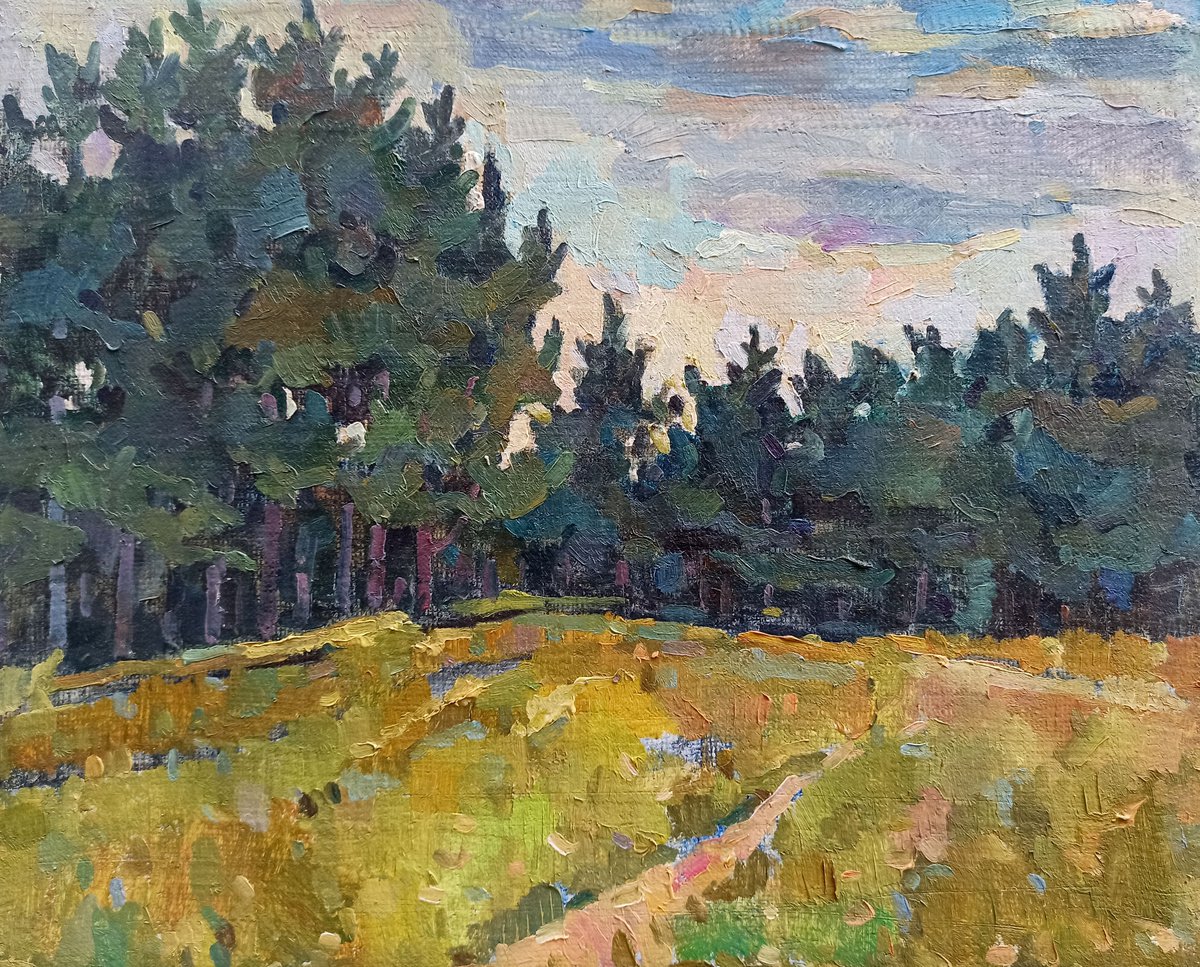 Impressionistic Landscape Oil Painting By Peter Tovpev, 22 X 18", Road To The Forest, Original Artwork