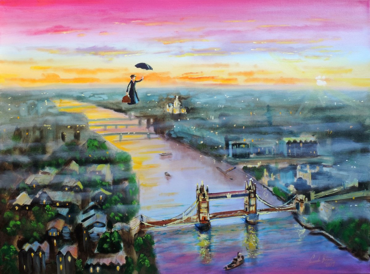 Impressionistic Cityscapes Oil Painting By Gordon Bruce, 24 X 18, Mary Poppins Flying In London, Original Artwork