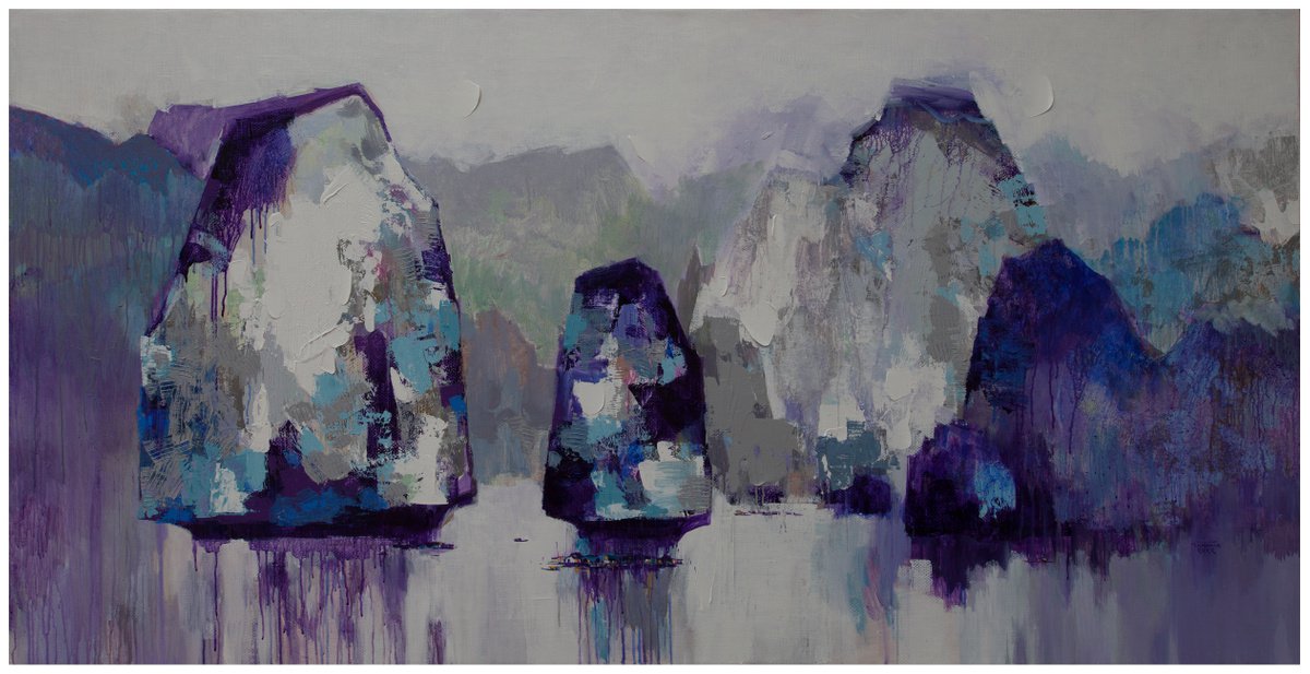 Expressive Landscape Acrylic Painting By The Khanh Bui, 79 X 39", Dawn On Halong Bay No.05, Original Artwork