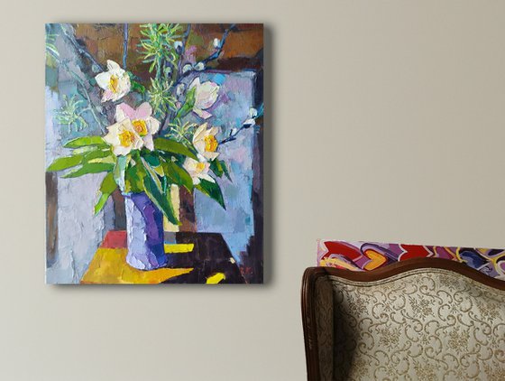 STILL LIFE WITH DAFFODILS AND PUSSY WILLOW . LARGE