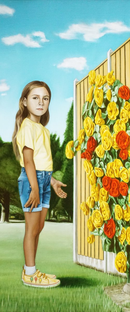 Girl showing a rose bush by Paolo Borile
