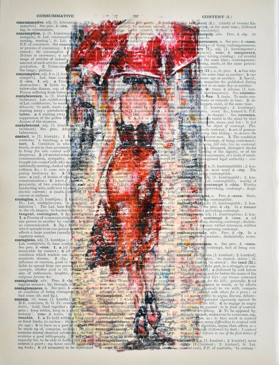 Lady in Red - Collage Art on Large Real English Dictionary Vintage Book Page