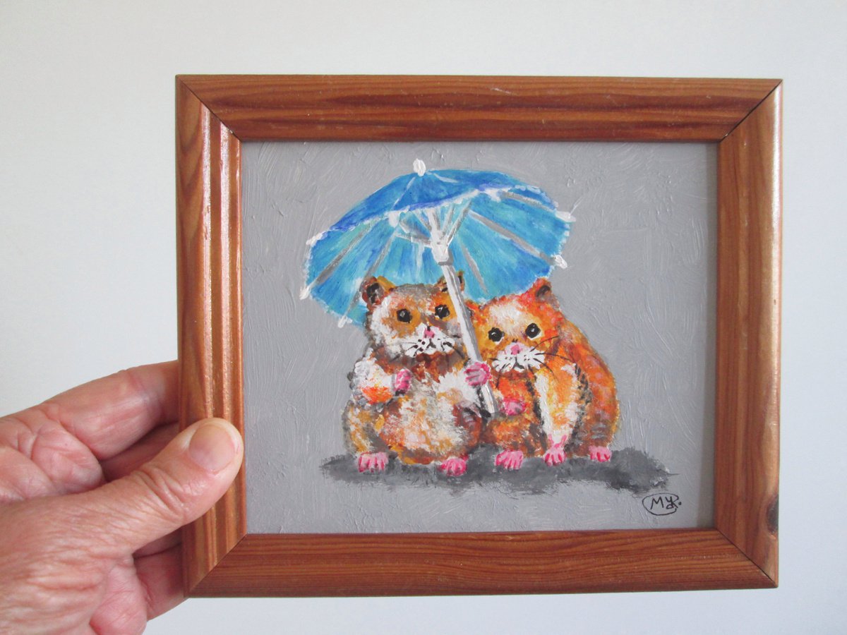 Love. Couple gift. Anniversary gift. Hamsters together under a parasol, framed by MARJANSART