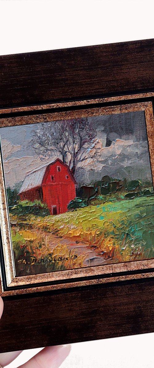 Barn in green field by Nataly Derevyanko