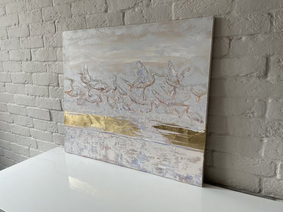 "Where the birds live". Original oil painting, potal. Birds in flight. Storkes