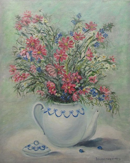Original Oil Painting of Cosmos Flowers and Meadow Flowers White and Magenta Still Life in a Tea Pot Medium-sized Woman Gift by Katia Ricci