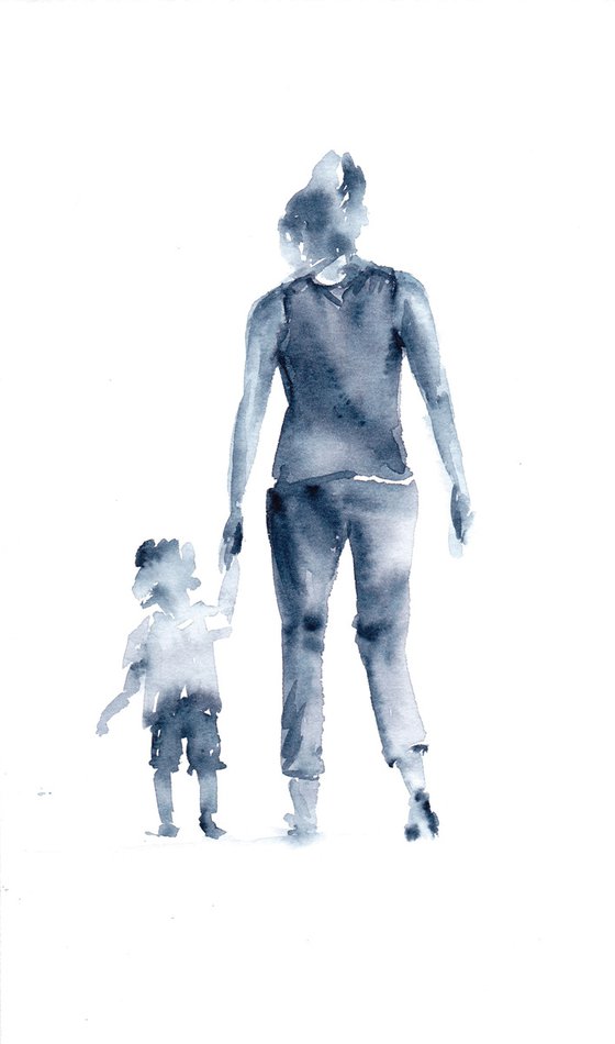 People painting, monochrome, contemporary art, Mother and child painting,