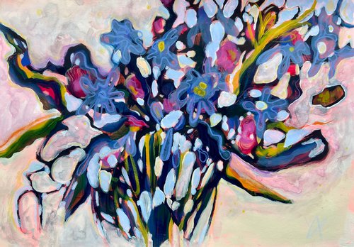 FULL OF JOY- mixed media A3 abstract flowers painting on paper by Yulia Ani