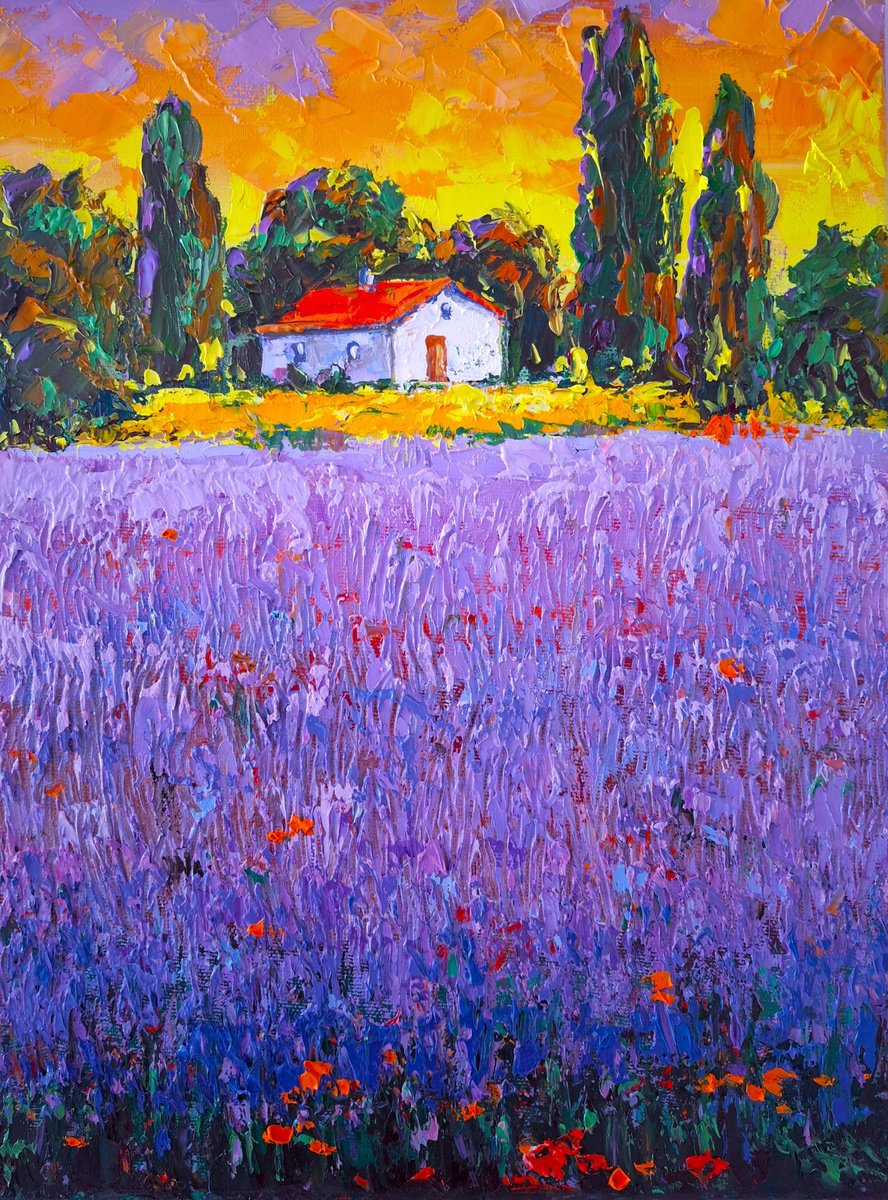 Abstract Landscape Oil Painting By Andrej Ostapchuk, 12 X 16, Lavender Evening, Original Artwork