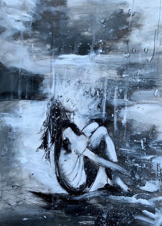 Black and White Art / Painting of Woman / Portrait / Original Artwork / Rain Painting / Gifts For Him / Home Decor Wall Art 11.7"x16.5"