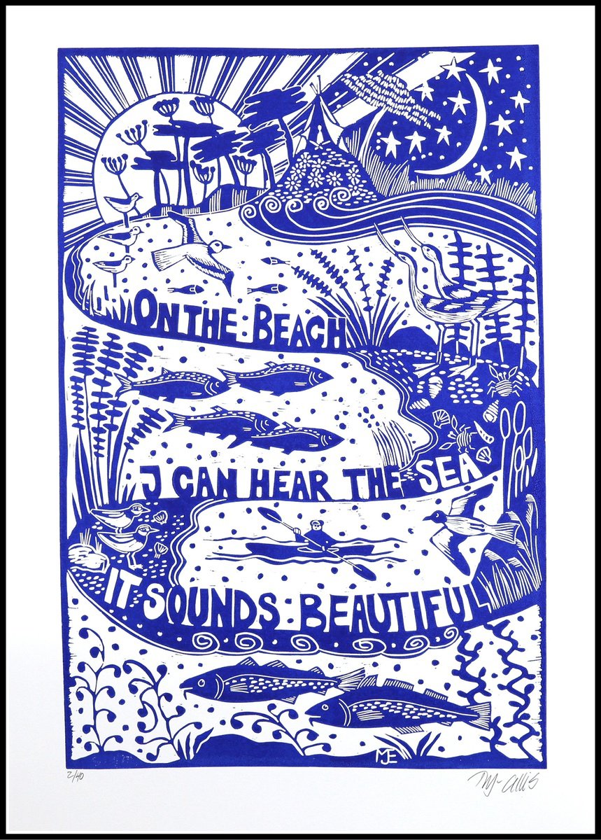 Illustrative Landscape Linocut By Mariann Johansen-Ellis, 20 X 27", On The Beach, Original Artwork