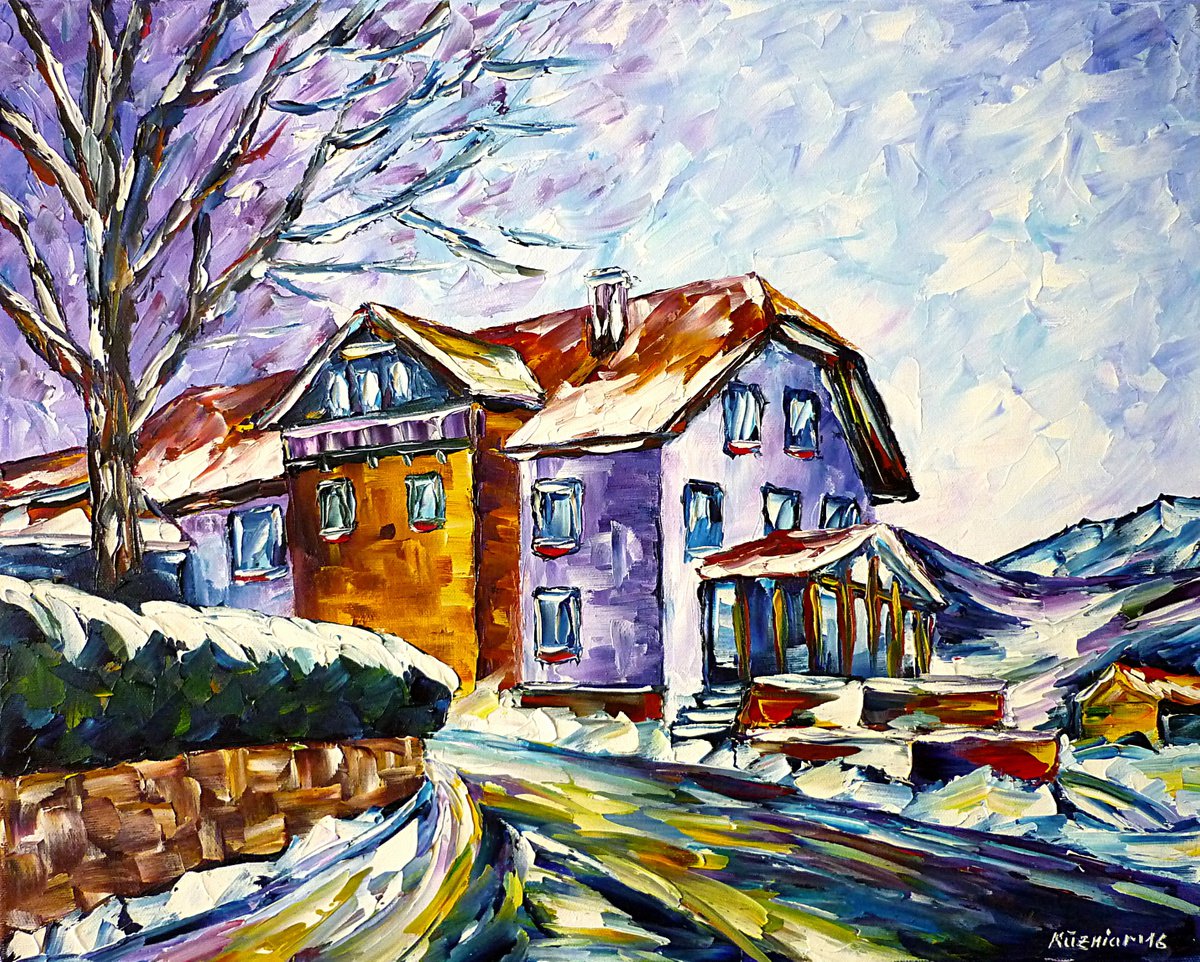 Expressive Landscape Oil Painting By Mirek Kuzniar, 20 X 16", Winter In The Mountains, Original Artwork