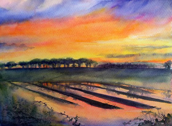 Winter sunset, original watercolour painting