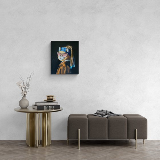 Cat with a Pearl Earring - acrylic painting, famous artist quote, humor