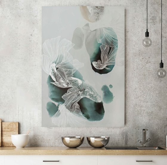 "Immensity" Abstract teal silver fish art
