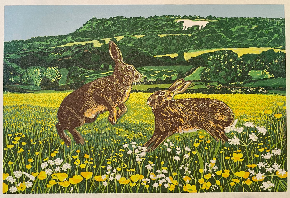 Illustrative Animal Linocut By Lindsay Perrett, 15 X 11", White Horse Hares, Original Artwork