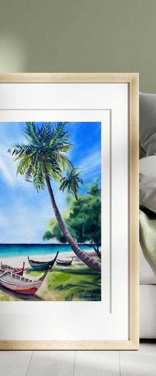 Coastal Harmony watercolor painting, original coastal painting,  blue sea painting with palms by Irina Povaliaeva