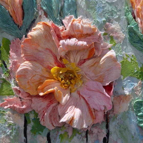 Peach Bloom Sculptural Floral Relief Art