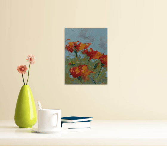 Small oil painting with poppy flowers.