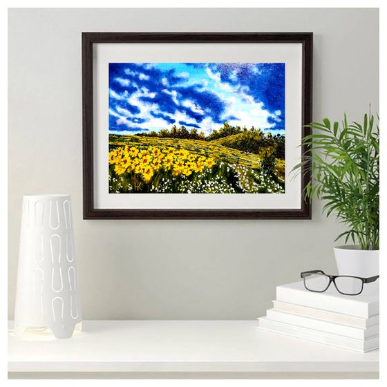 Ukraine Painting Landscape Original Art Sunflower Field Small Oil Artwork Home Wall Art 16 by 12" by Halyna Kirichenko