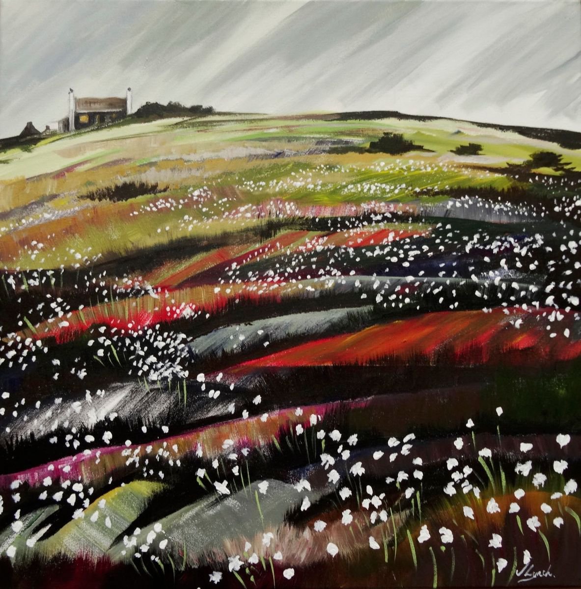 Impressionistic Landscape Acrylic Painting By Joseph Lynch, 20 X 20, Gray Skies And Cotton Grass, Original Artwork