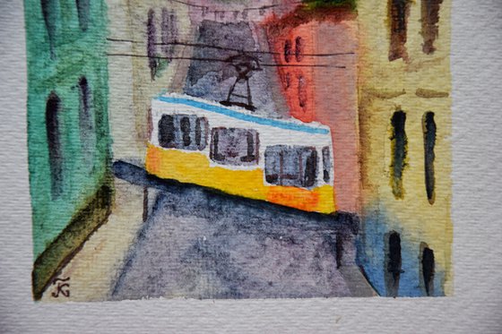 Lisbon small watercolor painting, yellow tram original painting, Portugal wall art