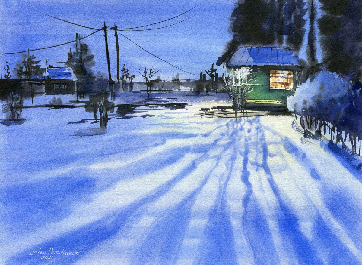 Evening light original artwork, watercolor painting with winter landscape in medium size... by Irina Povaliaeva
