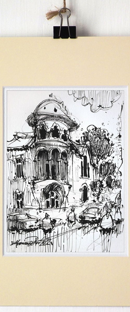 Romanian cities, Urbanscape, Architecture ink sketch, 2022 by Marin Victor